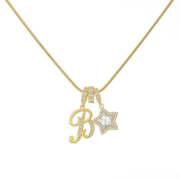 Cursive Initial Letter Diamond Star Pendant Necklace, 26‑Alphabet Snake Chain Necklace