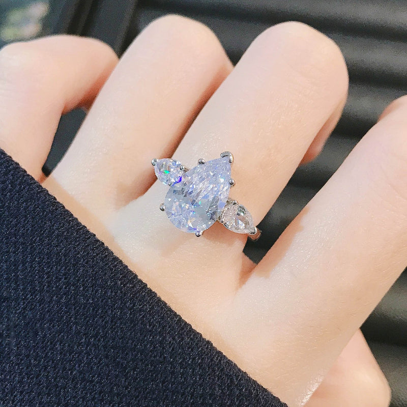 Multi-Cut Center Diamond Statement Ring Collection, Oval / Emerald / Pear Three-Stone Silver Cocktail Rings