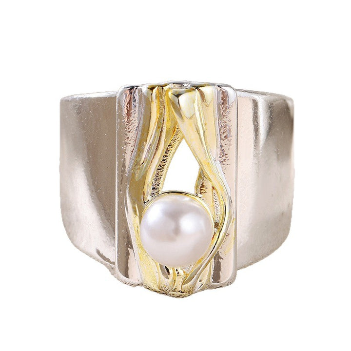Two-tone Wide Band Pearl Statement Ring, Abstract Artisan Ring for Women