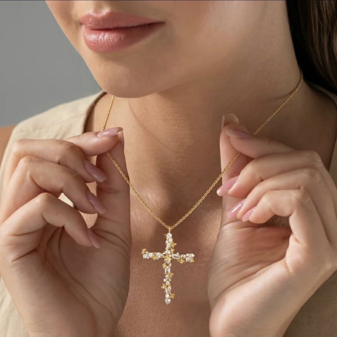 S925 &amp; 14K Floral Cross Diamond Rope Chain Necklace, Perfect Gift Choice For Women