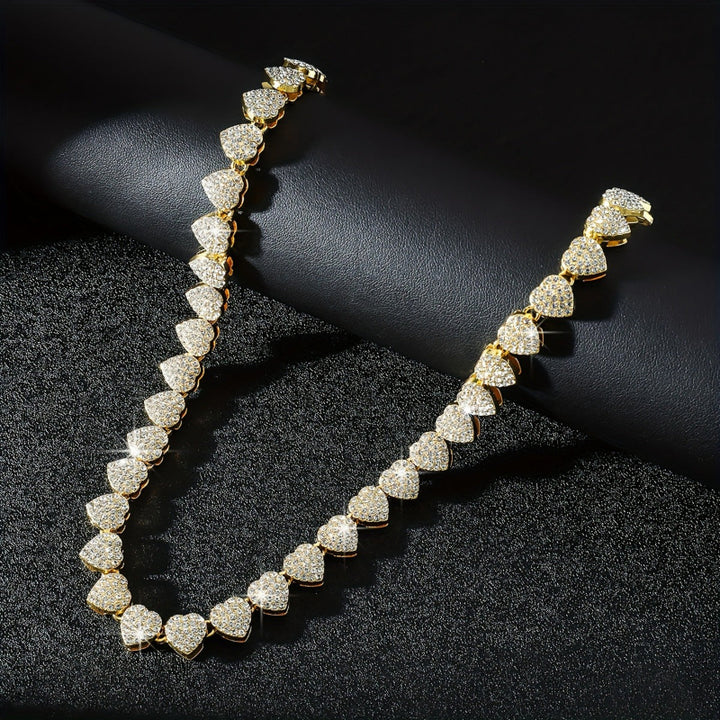 Full Pave Diamond Heart Tennis Choker, Iced Romantic Stackable Collarbone Statement Necklace