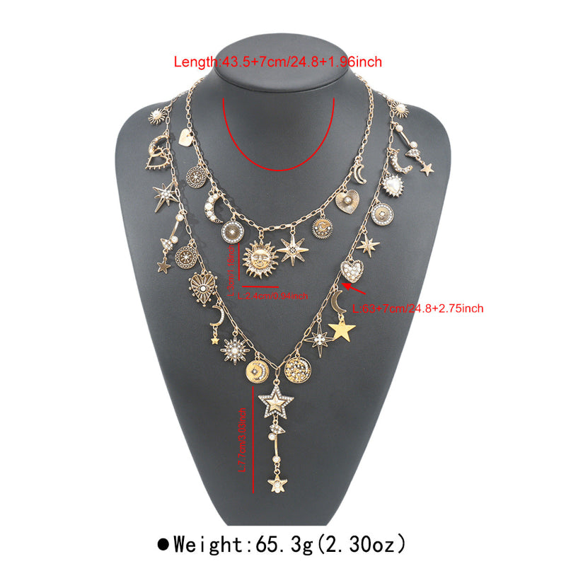 Multi‑Layer Celestial Charm Diamond Necklace, Sun Moon Star Pendant Necklace