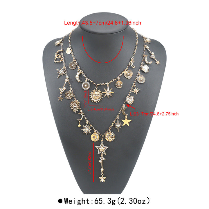 Multi‑Layer Celestial Charm Diamond Necklace, Sun Moon Star Pendant Necklace
