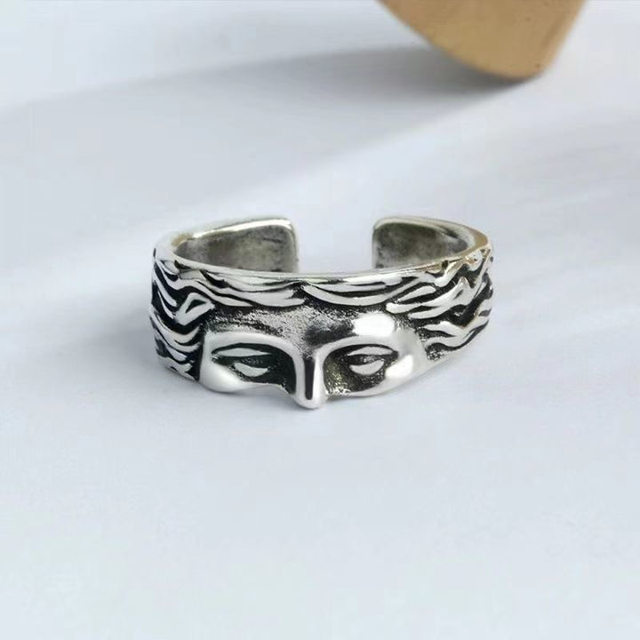 Antique Sculpted Face Open Cuff Statement Ring