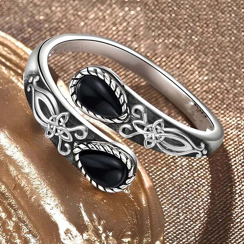 Vintage Flower Open Adjustable Teardrop Gemstone Ring