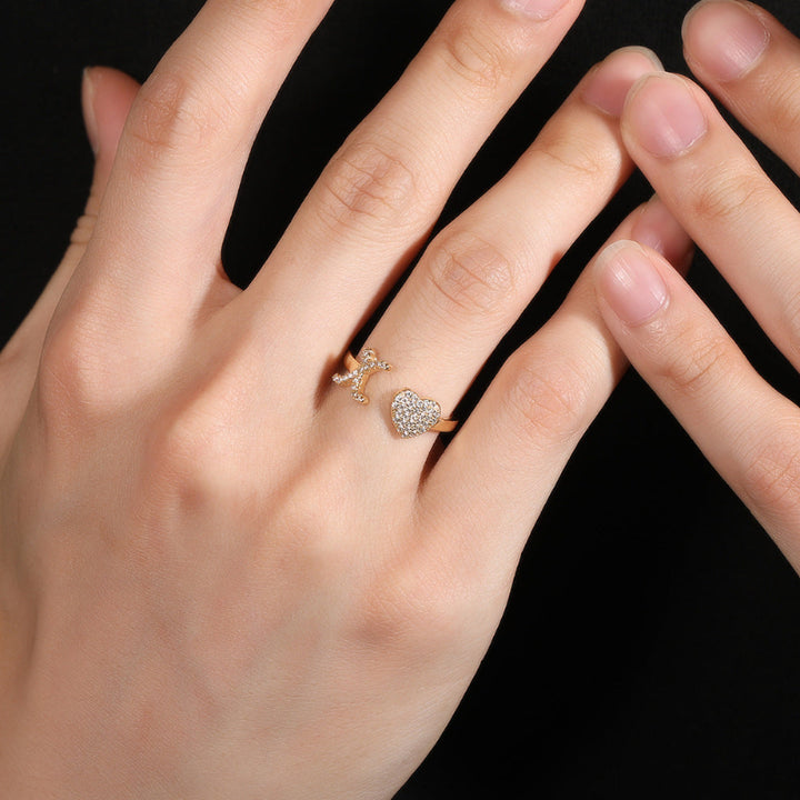 26‑Letter Open Cuff Ring, Paved Diamond Initial &amp; Heart Adjustable Statement Ring