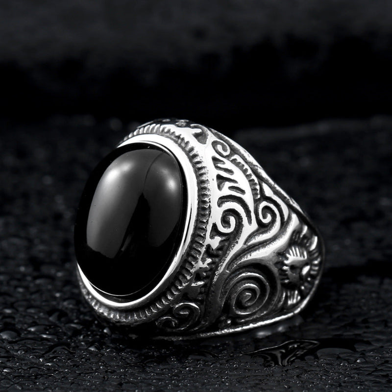 Vintage Carved Signet Ring, Oval Turquoise &amp; Black Onyx Gemstone Men’s Statement Ring