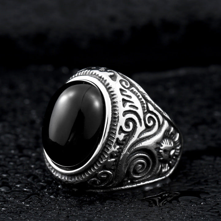 Vintage Carved Signet Ring, Oval Turquoise &amp; Black Onyx Gemstone Men’s Statement Ring
