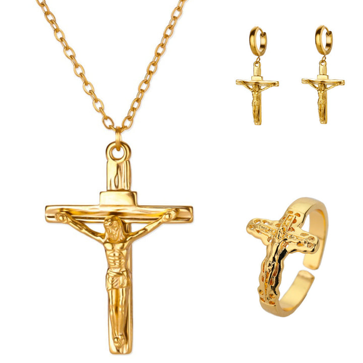 Jewelry Matching Set, Necklace Hoop Earrings Open Ring Vintage Religious Statement Stackable Accessory Kit