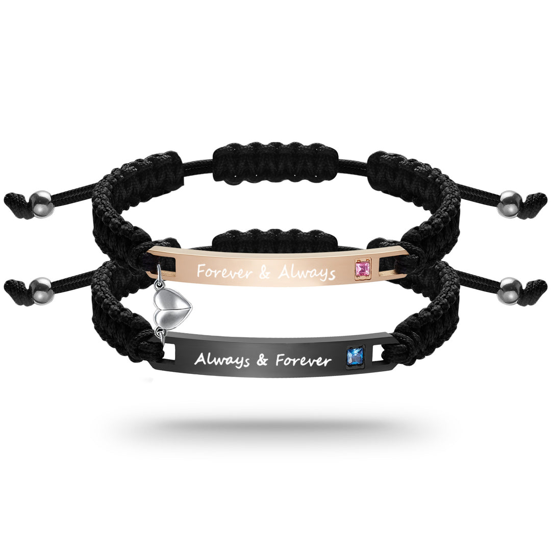 Couple Matching Bracelet Set, Magnetic Heart Charm Braided Wristband with Engraved Words