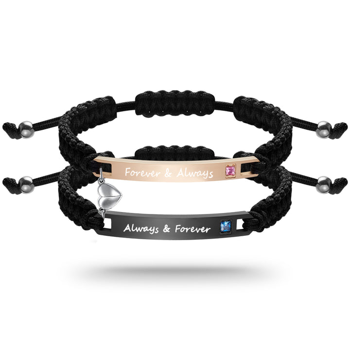 Couple Matching Bracelet Set, Magnetic Heart Charm Braided Wristband with Engraved Words