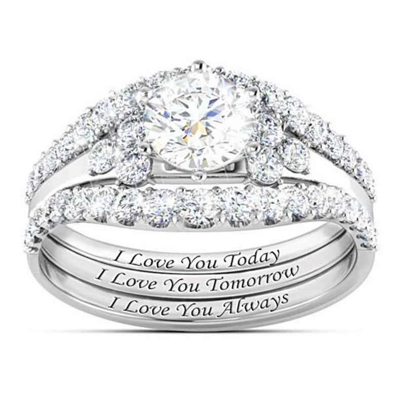 Round Diamond Engraved 3-Piece Bridal Stack Ring, Personalized "I Love You Today Tomorrow Always" Promise Ring