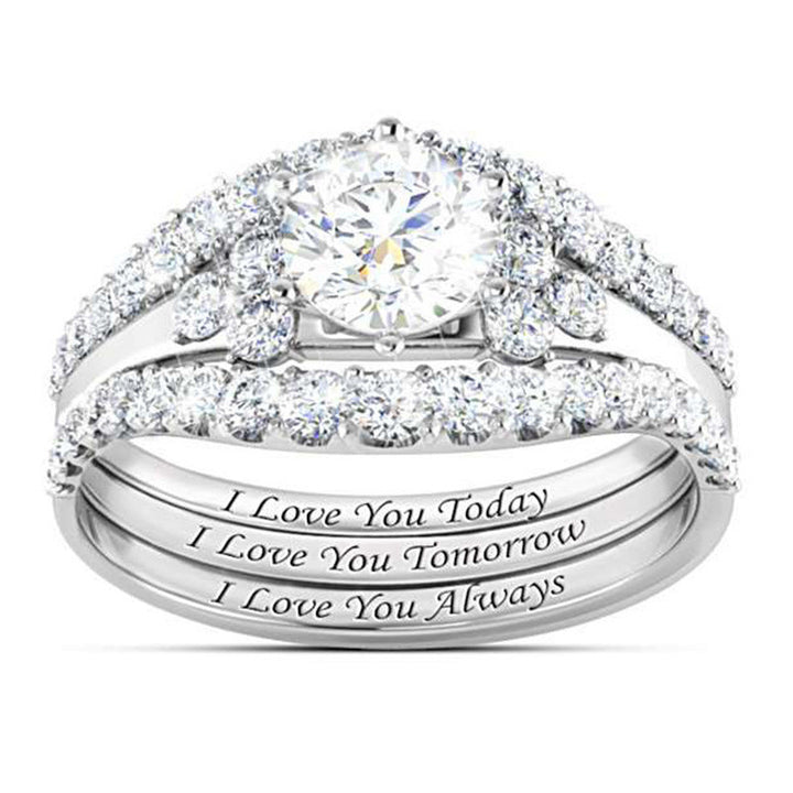 Round Diamond Engraved 3-Piece Bridal Stack Ring, Personalized "I Love You Today Tomorrow Always" Promise Ring