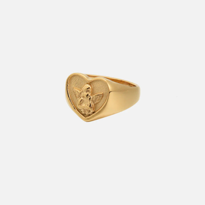 18K Gold Heart Cherub Signet Ring, Vintage Embossed Angel Love Statement Ring
