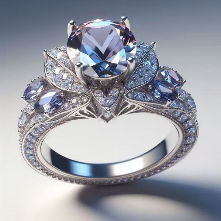 Vintage Ornate Blue‑Tone Diamond Halo Ring, Luxury Women’s Statement Ring