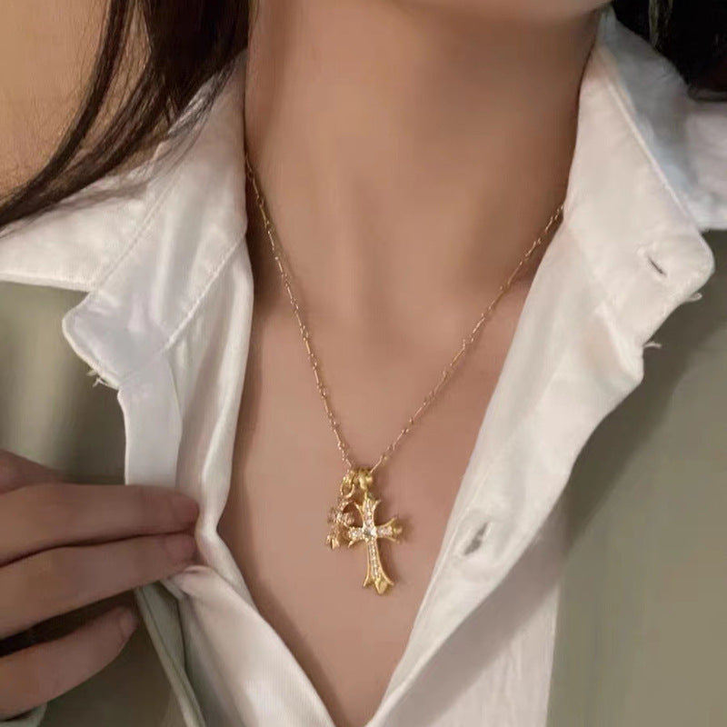 Double Cross Pendant Diamond Necklace, Versatile Statement Sweater Necklace, Trendy Gift for Women Men
