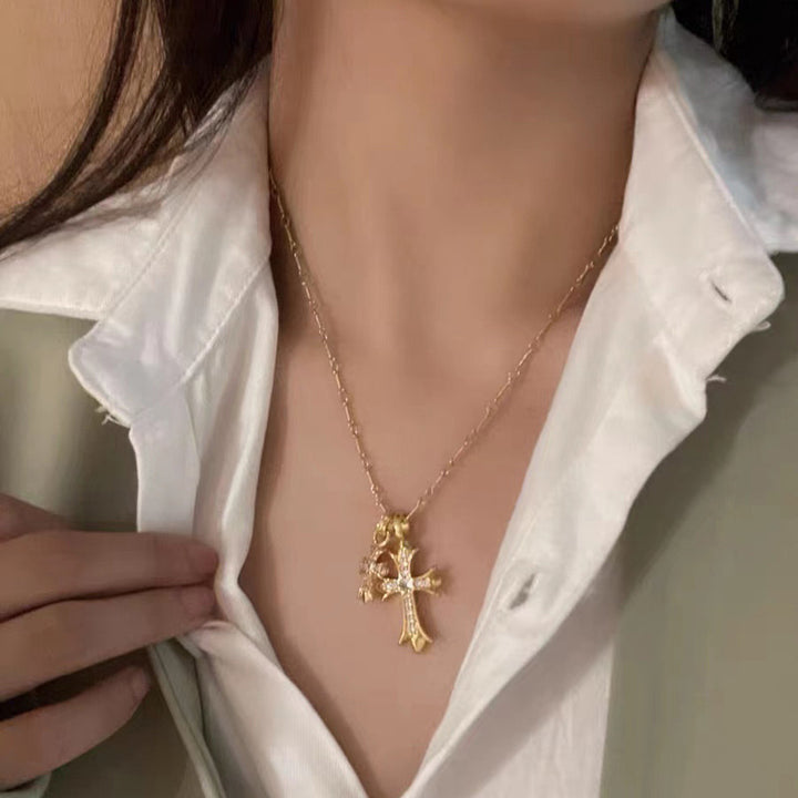 Double Cross Pendant Diamond Necklace, Versatile Statement Sweater Necklace, Trendy Gift for Women Men