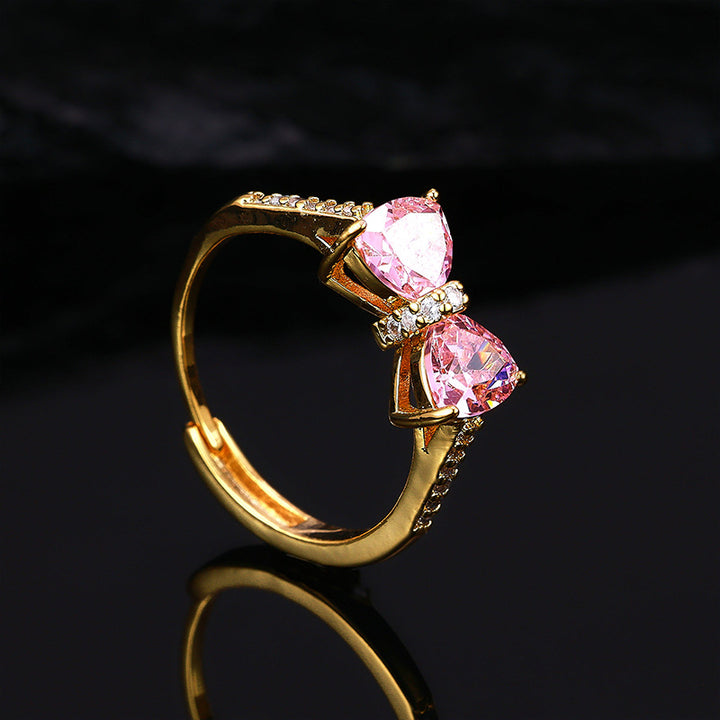 Bow‑Shaped Heart Gem &amp; Diamond Adjustable Open Ring, Elegant Color Statement Ring for Women