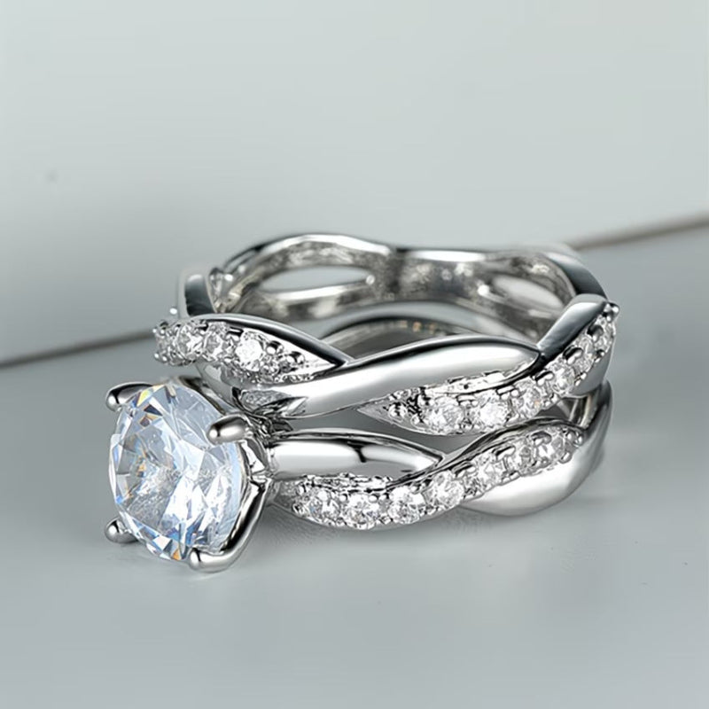 Twisted Split Shank Bridal Ring Duo, Round Solitaire Pave Stackable Engagement & Wedding Band Set