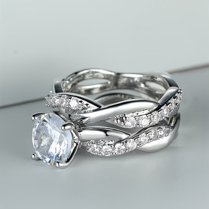 Twisted Split Shank Bridal Ring Duo, Round Solitaire Pave Stackable Engagement & Wedding Band Set
