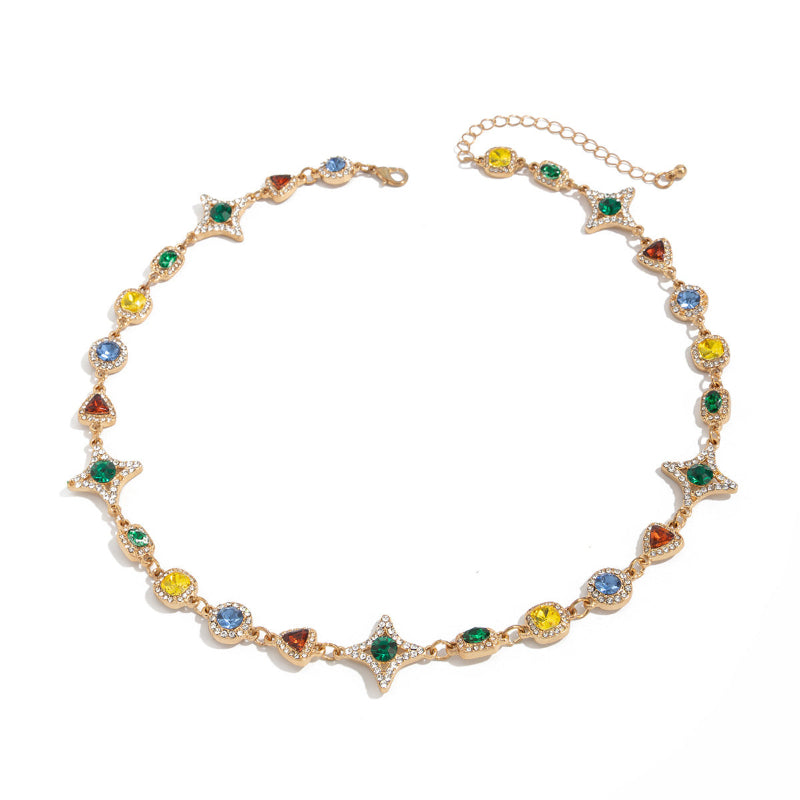New Men's Colored Gemstone Cross Necklace and Bracelet, Colorful Gem & Diamond Star Link Jewelry Set
