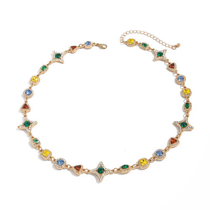 New Men's Colored Gemstone Cross Necklace and Bracelet, Colorful Gem & Diamond Star Link Jewelry Set