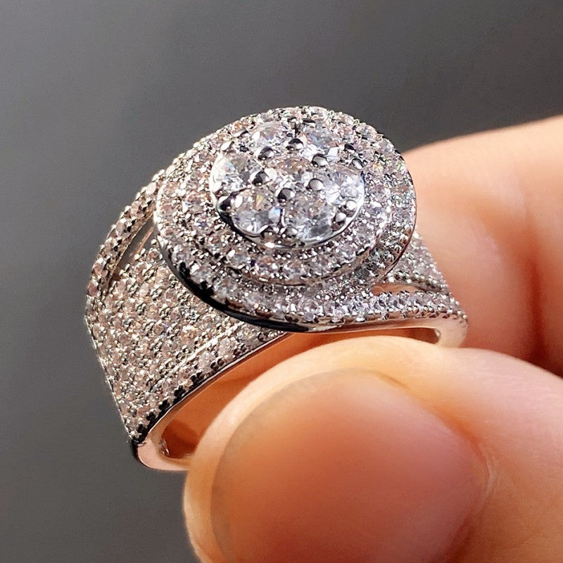 Double Halo Full Paved Stone Wide Ring, 18K Gold Silver Two Tone Statement Band