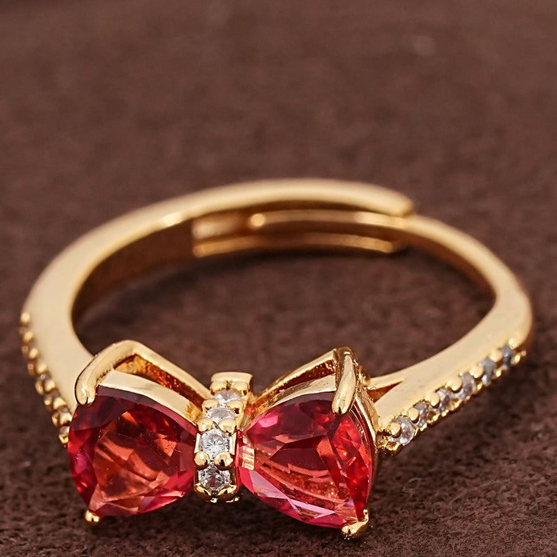 Bow‑Shaped Heart Gem & Diamond Adjustable Open Ring, Elegant Color Statement Ring for Women