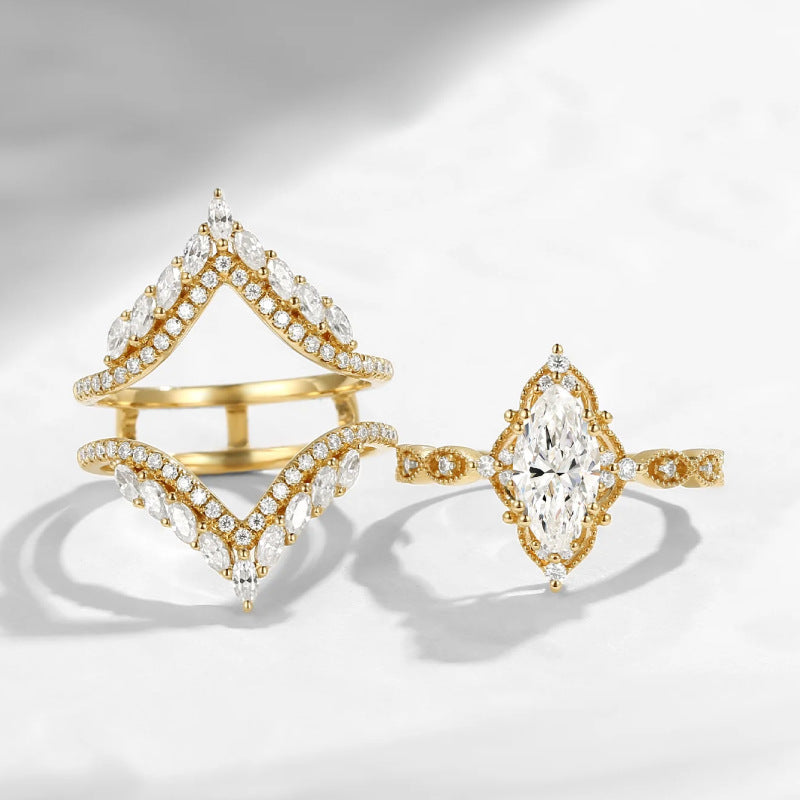 Marquise‑Cut Diamond 3‑Piece Bridal Stacking Ring Set, Vintage-Style Fashion Ring