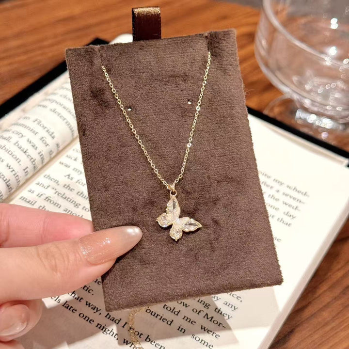 Dainty Iridescent Diamond Butterfly Pendant Necklace, Minimalist Delicate Wing Collarbone Jewelry For Women