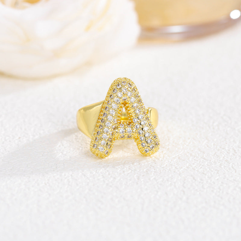Adjustable Open Iced‑Out Initial Letter Diamond Ring, 26‑Alphabet Statement Unique Style Ring