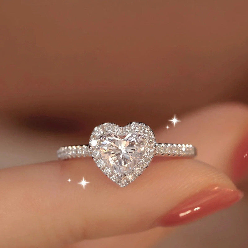 Heart Colored Gem Diamond Halo Ring, Adjustable Opening Romantic Love Ring