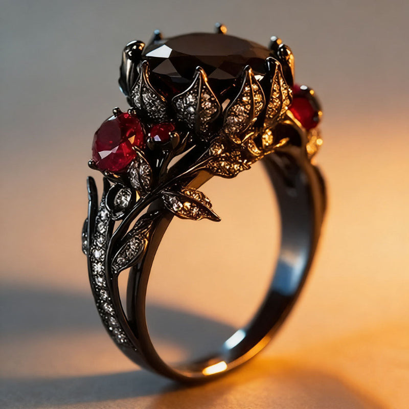 Dark Floral Multi‑Gemstone Gothic Statement Ring, Two-Tone Vintage Floral Ring