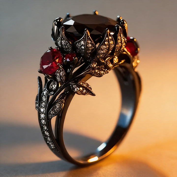Dark Floral Multi‑Gemstone Gothic Statement Ring, Two-Tone Vintage Floral Ring