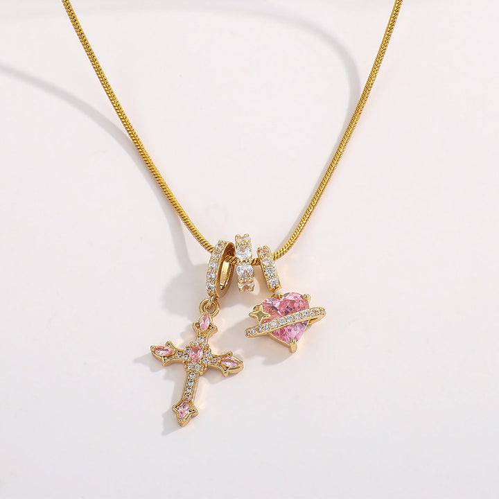 Y2K Pink Diamond Cross &amp; Heart Charm Snake Chain Necklace, Removable Multi‑Pendant Necklace
