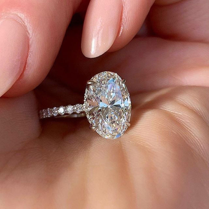 Oval Cut Pave Side Shank Solitaire Engagement Ring, Minimal Luxury Milgrain Edge Bridal Promise Jewelry