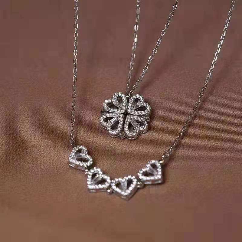 2-in-1 Convertible Clover Double Layer Heart Diamonds Necklace 2-Tone For Women