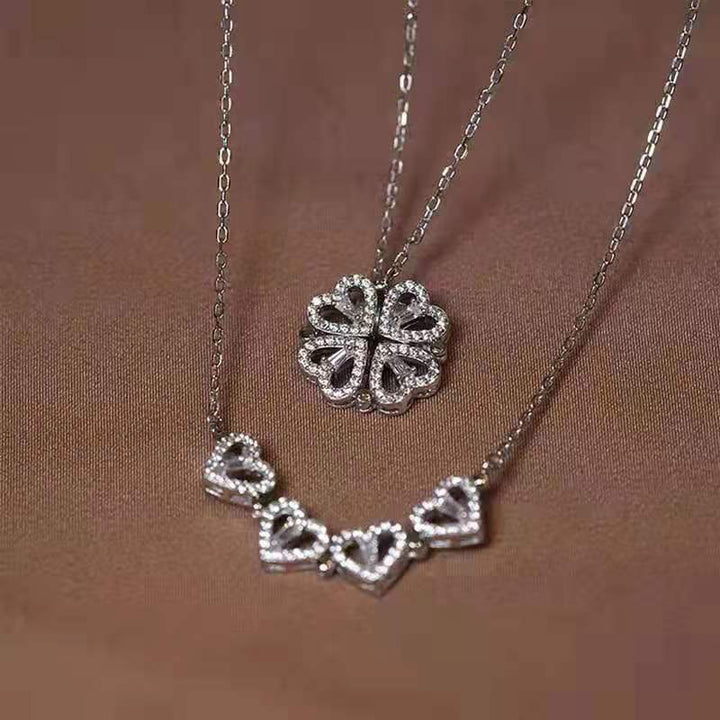 2-in-1 Convertible Clover Double Layer Heart Diamonds Necklace 2-Tone For Women