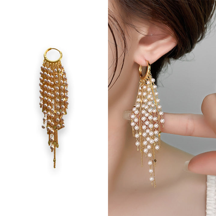 Elegant Long Pearl Tassel Hoop Earrings, Multi‑Layer Fringe Drop Earrings for Women