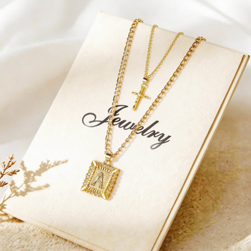 Stacked A-Z Initial Cross Diamond Necklace, Figaro & Thin Cable Chain Personalized Hip Hop Faith Statement Jewelry
