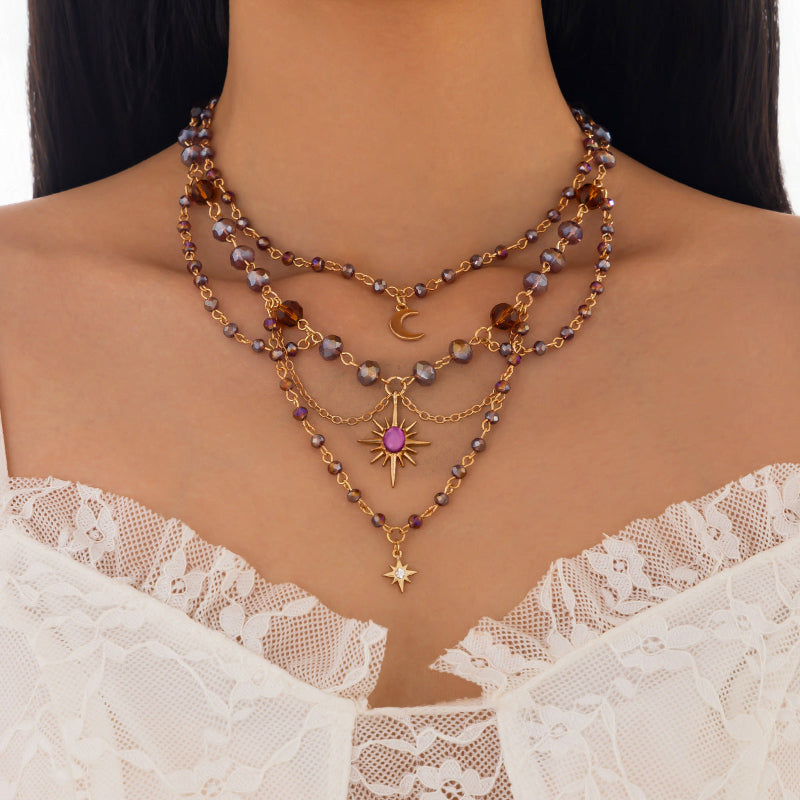 Celestial Moon Sun Star Purple Amber Bead Collarbone Necklace, Witchy Boho Stack Statement