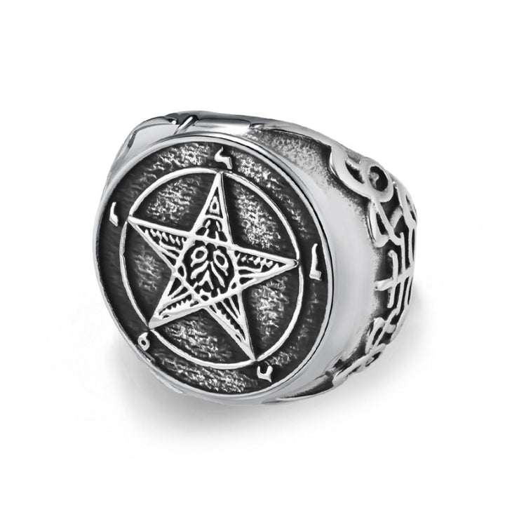 Gothic Pentagram Baphomet‑Style Signet Ring Men Ring, Antique Engraved Celtic Knot Statement Ring