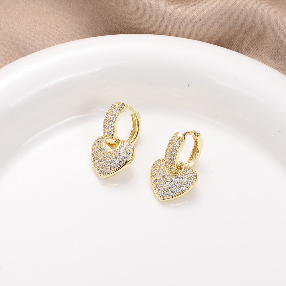 Sparkling Heart Drop Huggie Earrings, Paved Diamond Heart Earrings for Women Daily Party Jewelry