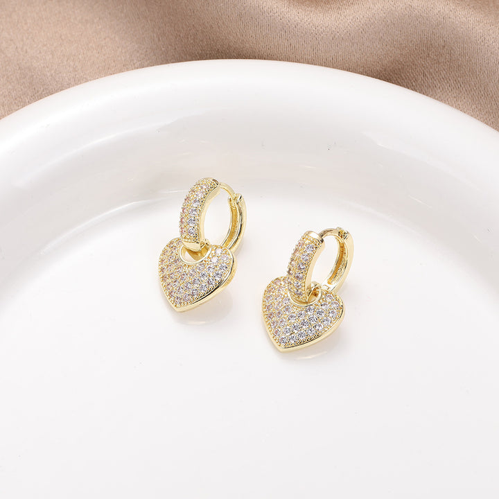 Sparkling Heart Drop Huggie Earrings, Paved Diamond Heart Earrings for Women Daily Party Jewelry