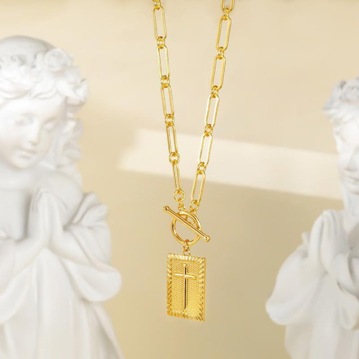Paperclip Chain Toggle Clasp Rectangular Tag Pendant Necklace, Engraved Back Layerable Daily Fashion Jewelry