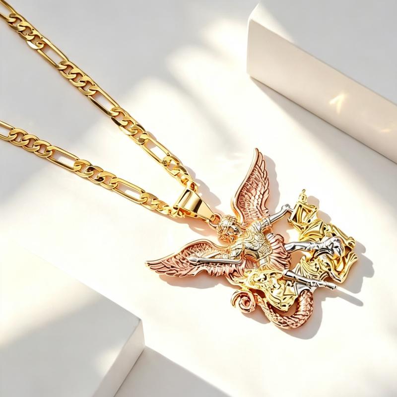 Archangel Sculpted Pendant Necklace, Embossed Wing Dragon Balance Scale Statement Men Women Street Stackable Jewelry