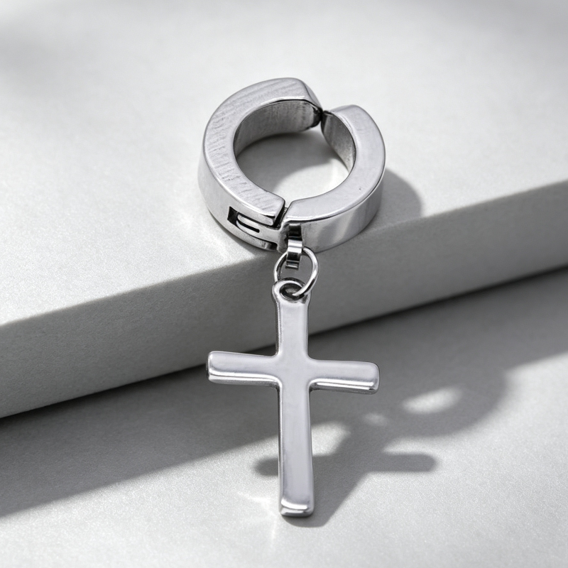 Non‑Piercing Cross Dangle Huggie Ear Clips, Punk Drop Cross Charm Hoop Ear Cuff for Men & Women