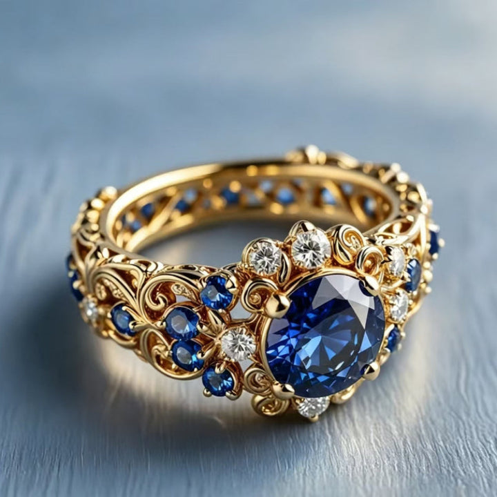 Ornate Royal‑Blue Gem & Diamond Statement Ring, Luxury Floral Pattern Ring with Exquisite Sapphire Inlay