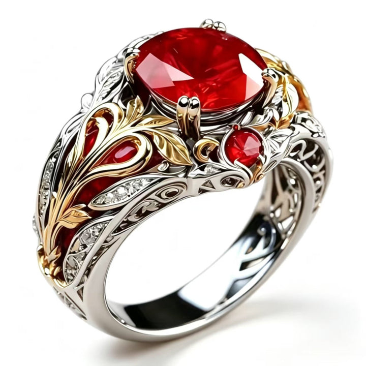 Two-Tone Carved Leaf Red Gem Diamond Vintage Wide Statement Ring