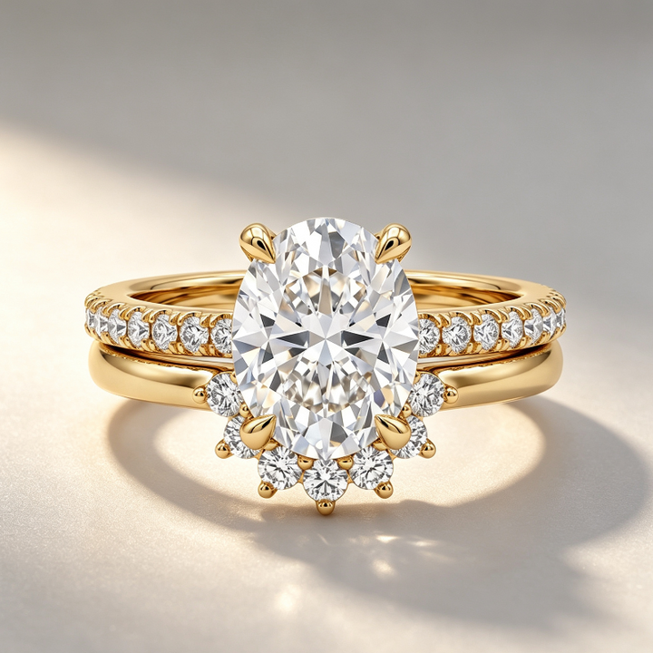 Oval‑Cut Diamond Bridal Ring Set, Halo Accent Engagement &amp; Eternity Band Two‑Piece Ring